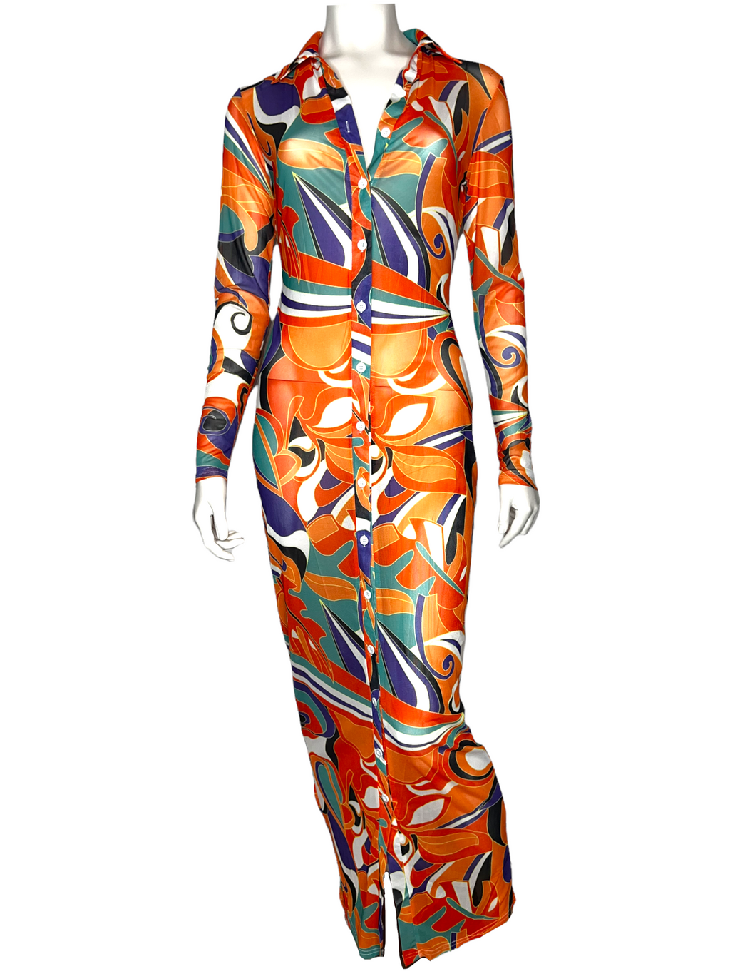 Mesh Digital Print Orange Button Up Dress