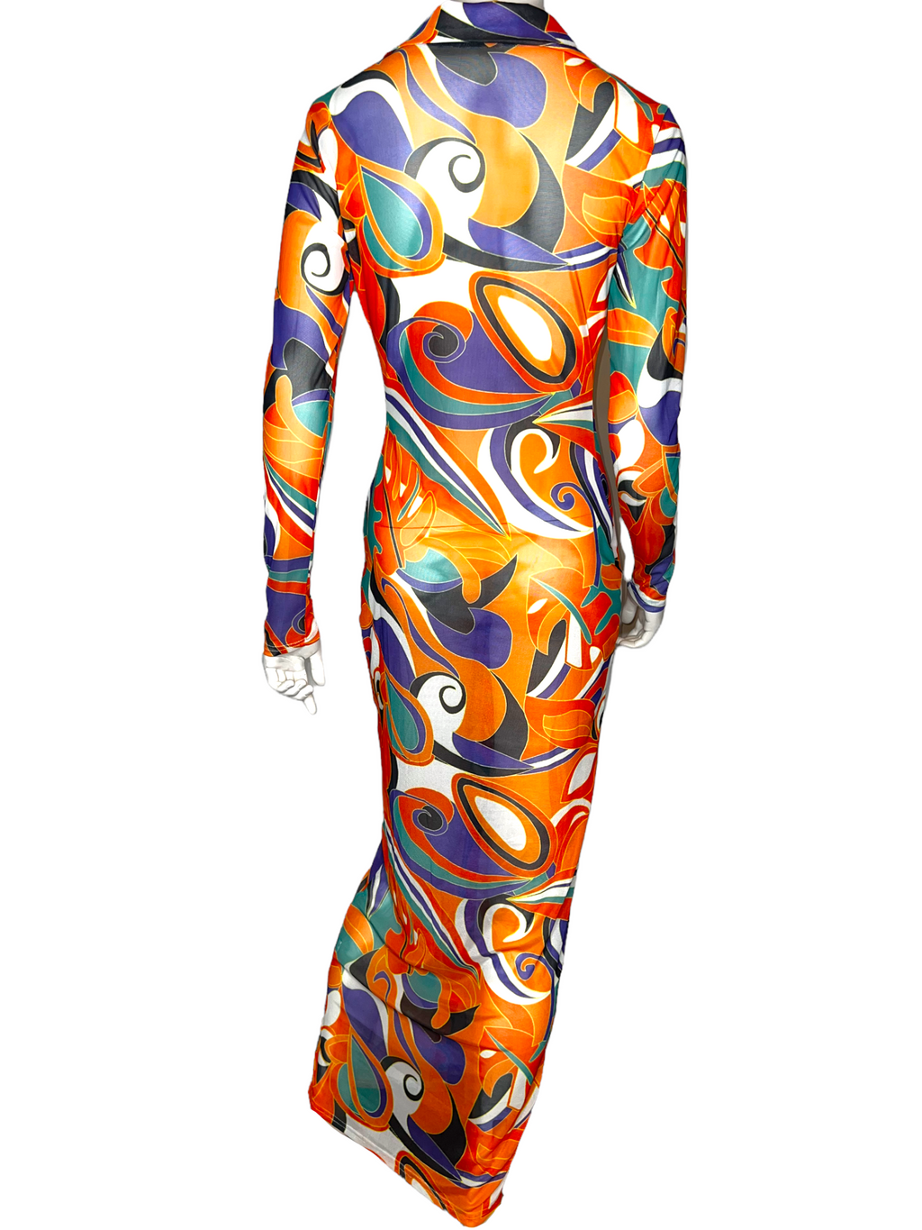 Mesh Digital Print Orange Button Up Dress